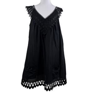 Whimsygoth Black Crochet Lace Bizz Princess Tunic Large Cotton Silk Pockets